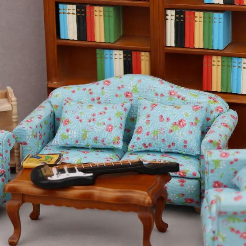 Blue Floral Fabric Dollhouse Miniature Sofa in 1:12 scale. Ideal for adding elegance to miniature homes.