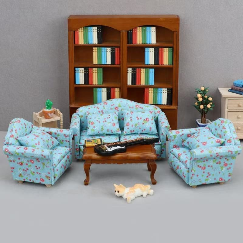 Blue Floral Fabric Dollhouse Miniature Sofa in 1:12 scale. Ideal for adding elegance to miniature homes.