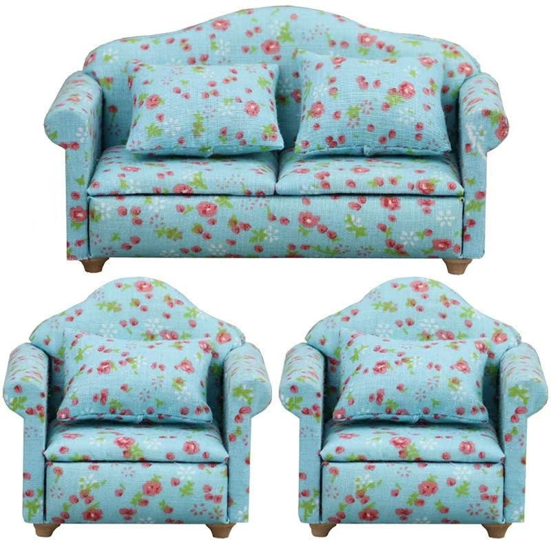 Blue Floral Fabric Dollhouse Miniature Sofa in 1:12 scale. Ideal for adding elegance to miniature homes.