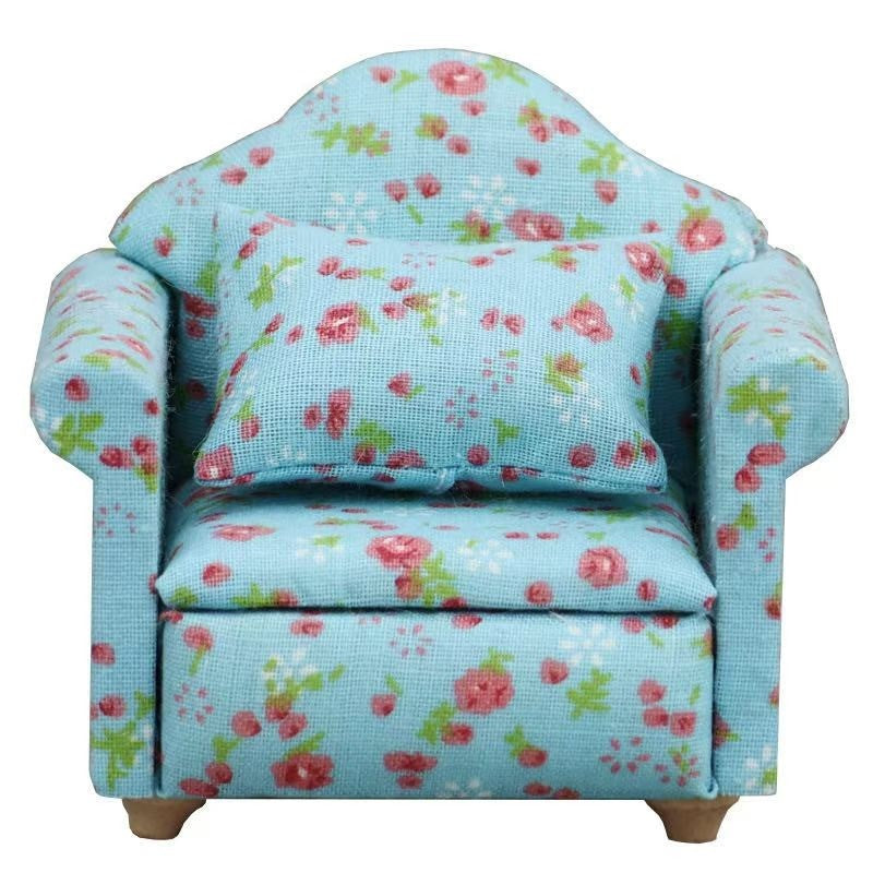 Blue Floral Fabric Dollhouse Miniature Sofa in 1:12 scale. Ideal for adding elegance to miniature homes.