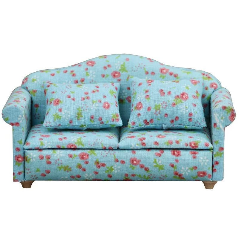 Blue Floral Fabric Dollhouse Miniature Sofa in 1:12 scale. Ideal for adding elegance to miniature homes.
