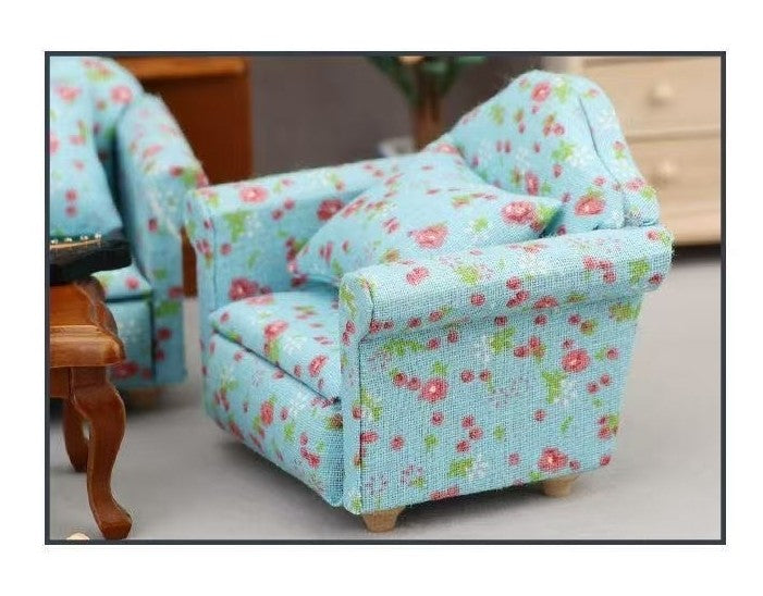 Blue Floral Fabric Dollhouse Miniature Sofa in 1:12 scale. Ideal for adding elegance to miniature homes.