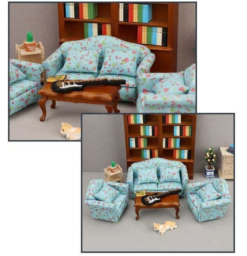 Blue Floral Fabric Dollhouse Miniature Sofa in 1:12 scale. Ideal for adding elegance to miniature homes.