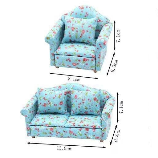 Blue Floral Fabric Dollhouse Miniature Sofa in 1:12 scale. Ideal for adding elegance to miniature homes.