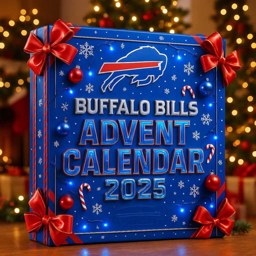 Buffalo Bills Advent Calendar 2025 with decorative ribbons and ornaments on a festive background.