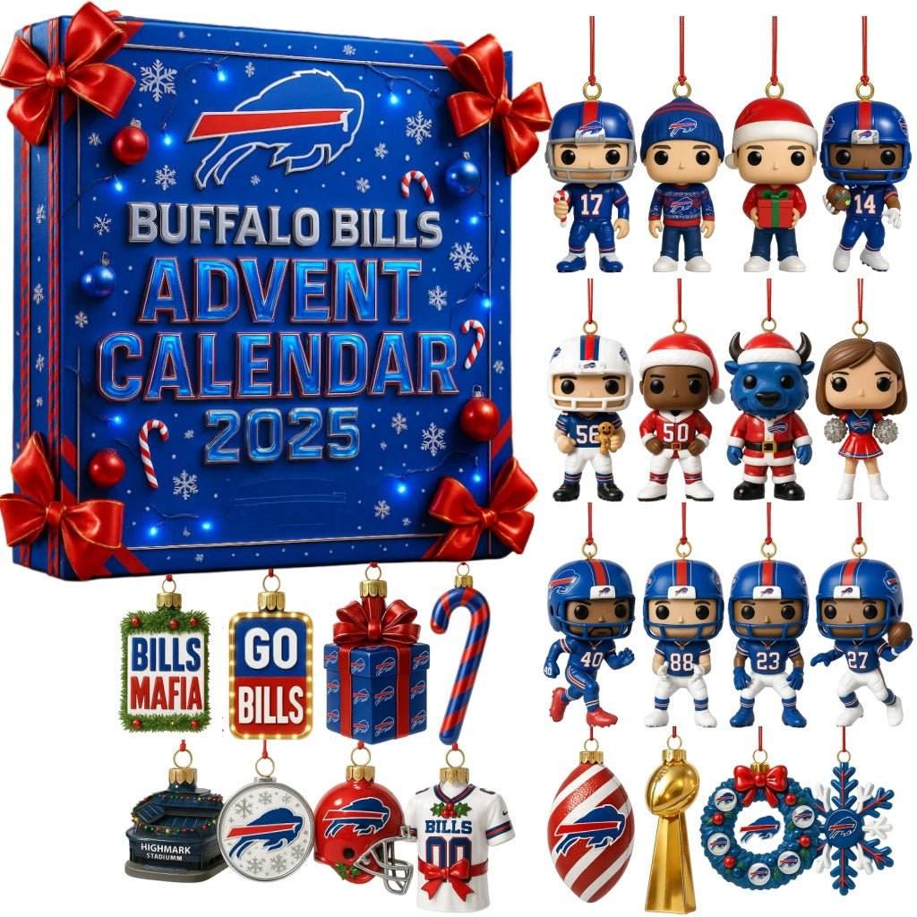 Buffalo Bills Advent Calendar 2025 with ornaments and decorative items on a white background