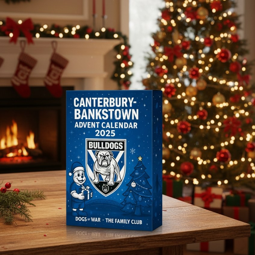 Canterbury-Bankstown Advent Calendar 2025 on a table with Christmas decorations in the background