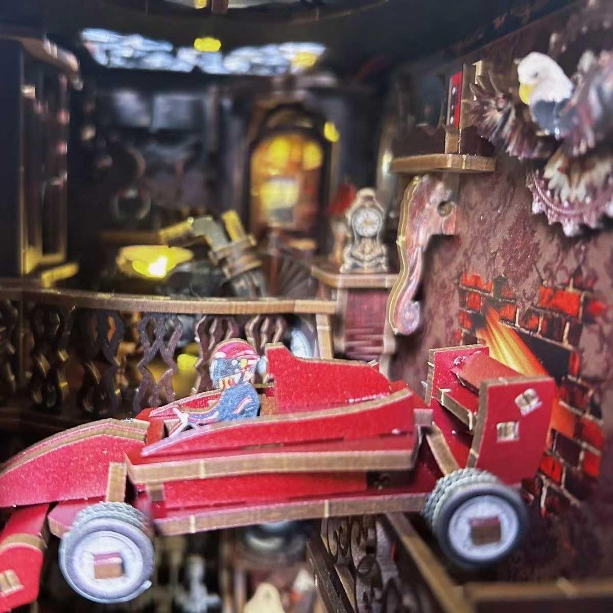 Car Player DIY Book Nook, featuring authentic miniature retro luxury cars, warm LED light, and a dust cover. Perfect for shelf decor or as a unique gift. Step back into the golden age of automobiles with this captivating book nook.