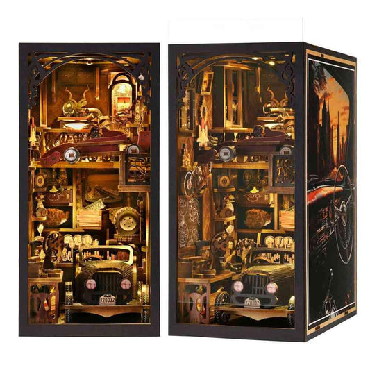 Car Player DIY Book Nook, featuring authentic miniature retro luxury cars, warm LED light, and a dust cover. Perfect for shelf decor or as a unique gift. Step back into the golden age of automobiles with this captivating book nook.
