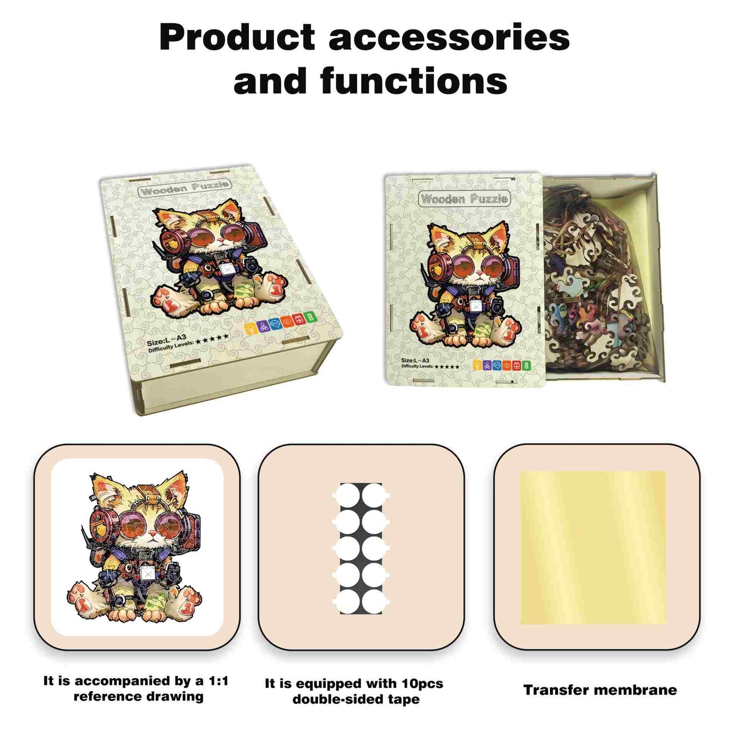 Product accessories and functions including a wooden puzzle with a cat design, reference drawing, double-sided tape, and transfer membrane.