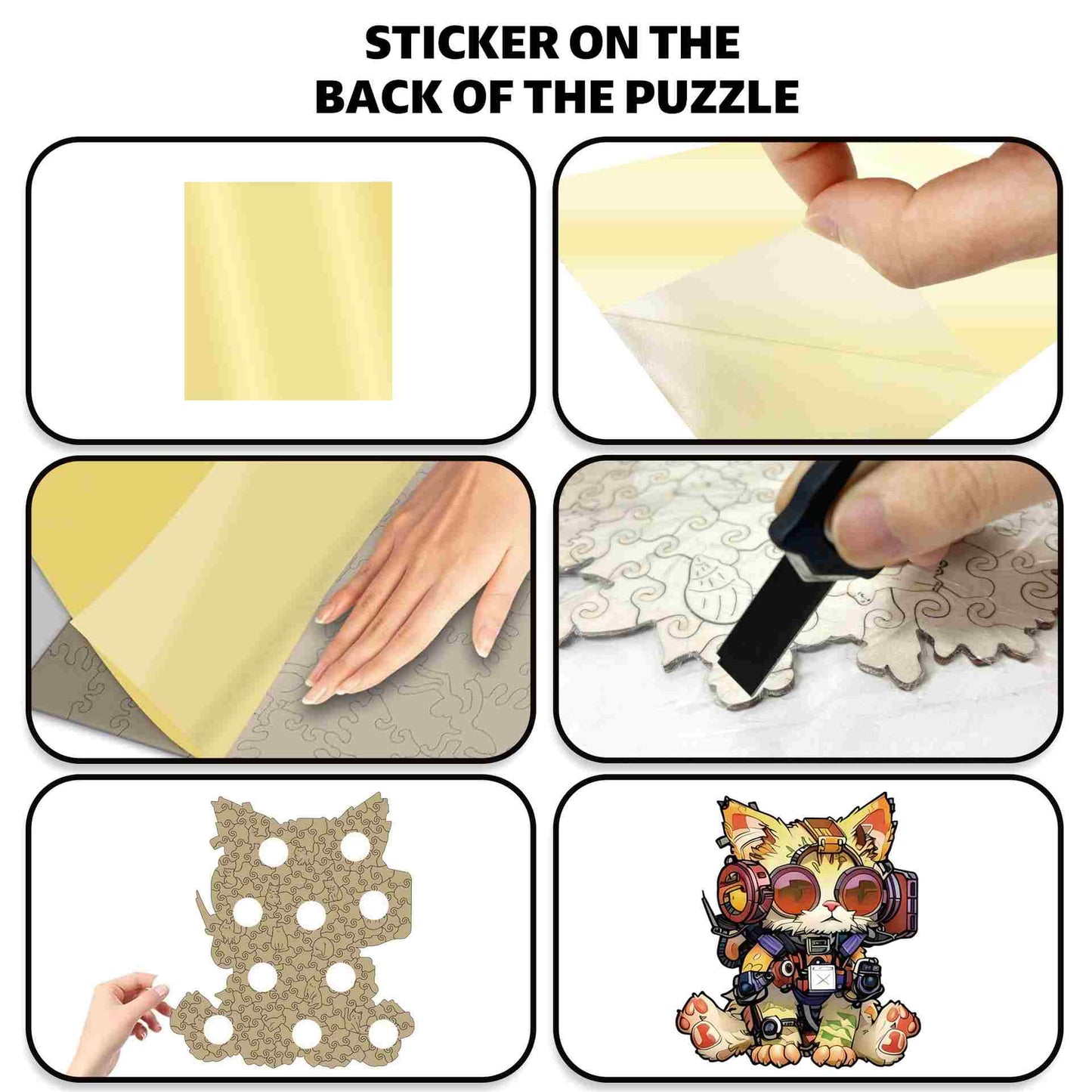 Step-by-step guide on applying a sticker to the back of a puzzle with a cat-themed piece.