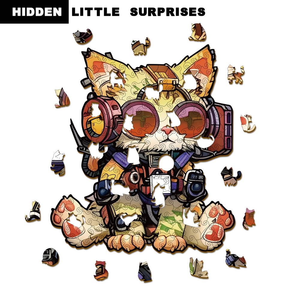 Cat-shaped wooden puzzle with scattered pieces on a white background, featuring the text 'Hidden Little Surprises'.