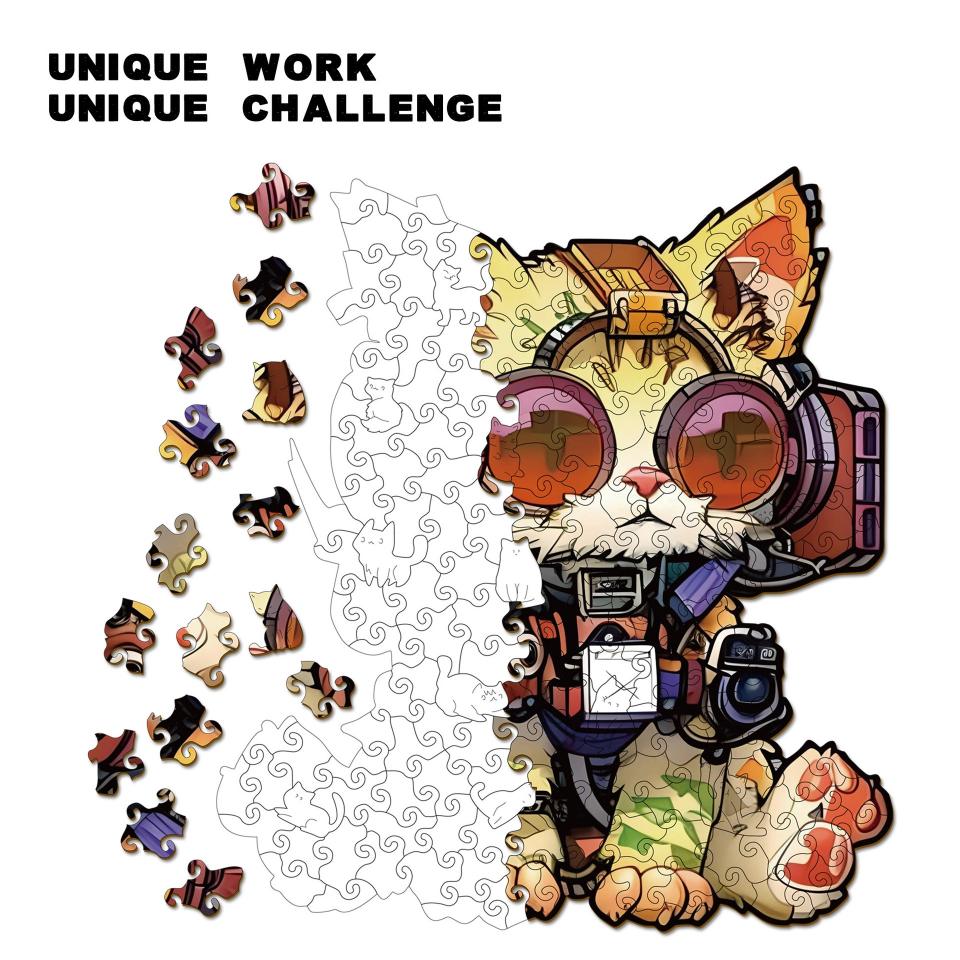 Jigsaw puzzle with a cat character in a steampunk outfit and scattered pieces on a white background.