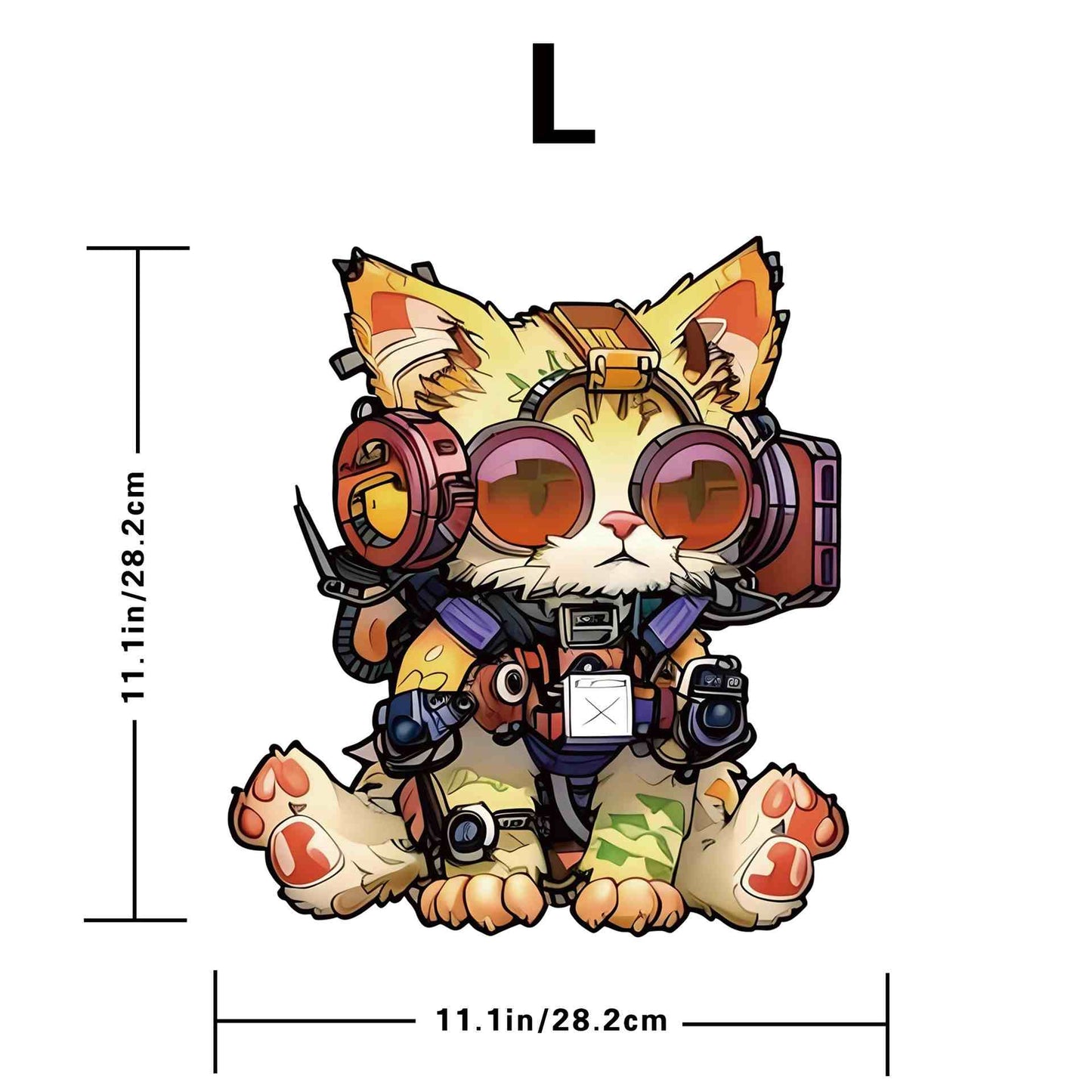 Cartoon cat with goggles and armor, with dimensions indicated on a white background