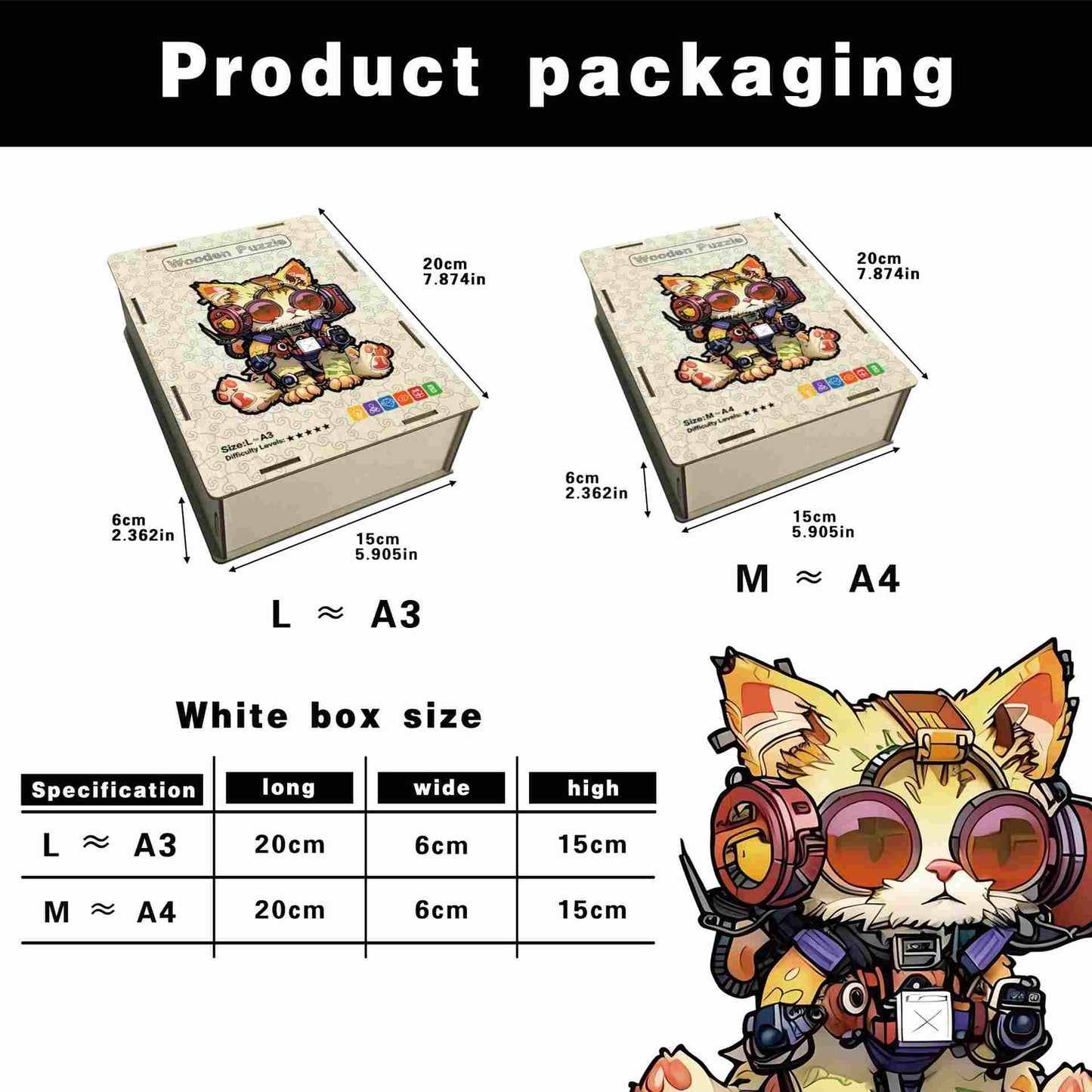 Product packaging with dimensions and specifications of package of the Cat-themed wooden puzzle kit.