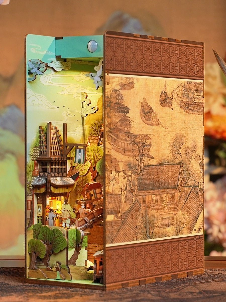 Cityscape of Song Dynasty DIY Book Nook Kit, A charming miniature 3d wooden puzzles the relives old Chinese, perfect for crafting enthusiasts, dollhouse collectors and Chinese culture lovers alike. Ideal for bookshelf decor of gifting. right side