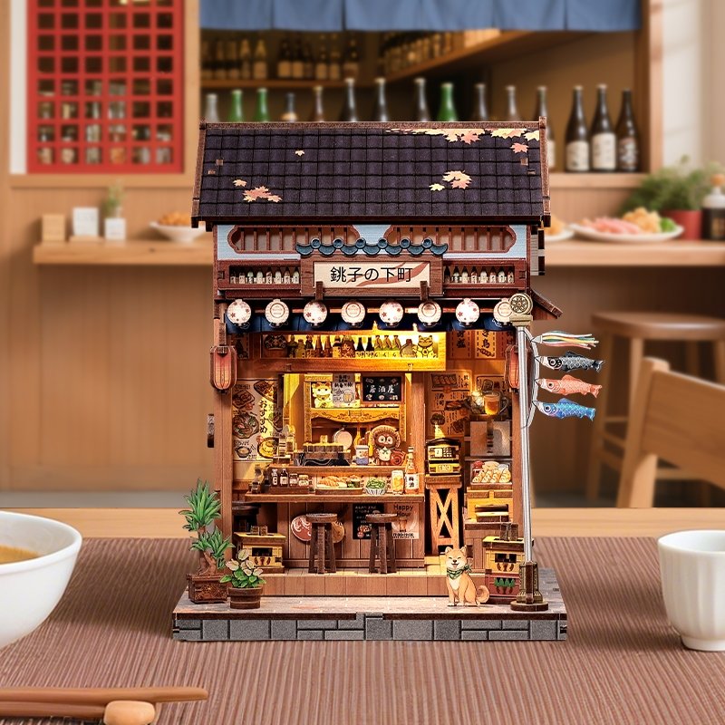Detailed Book Nook of a traditional Japanese restaurant with interior lights on a table.