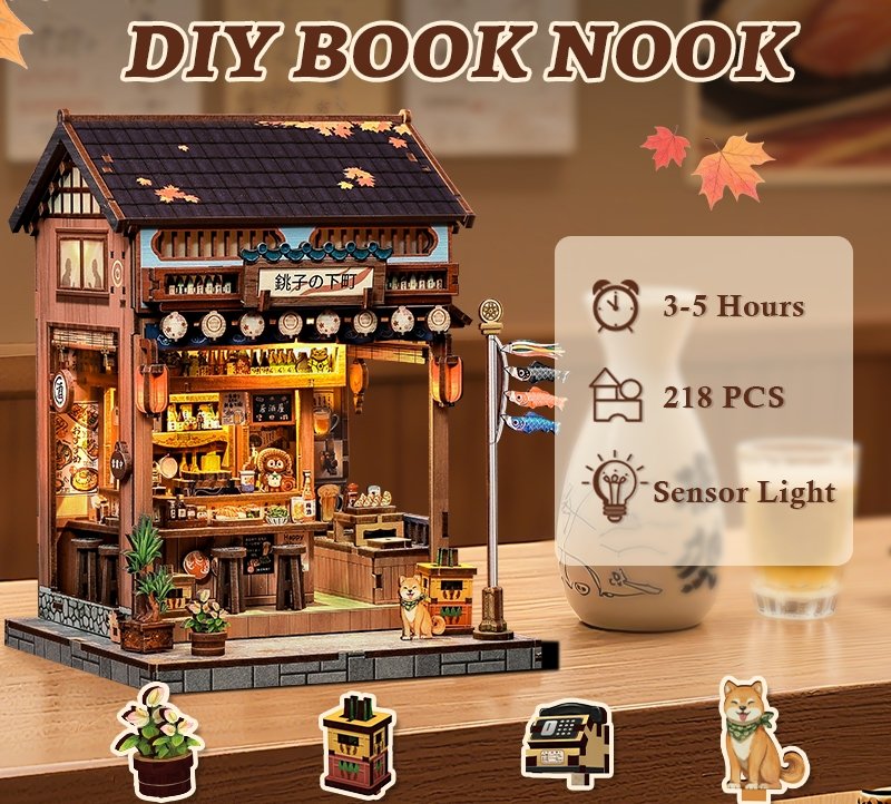 Model of a Japanese-Izakaya-themed miniature house with DIY book nook text and product details.