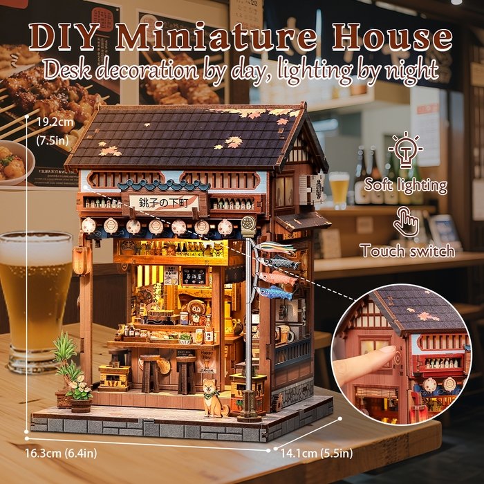 DIY miniature house with desk decoration, featuring soft lighting and touch switch.