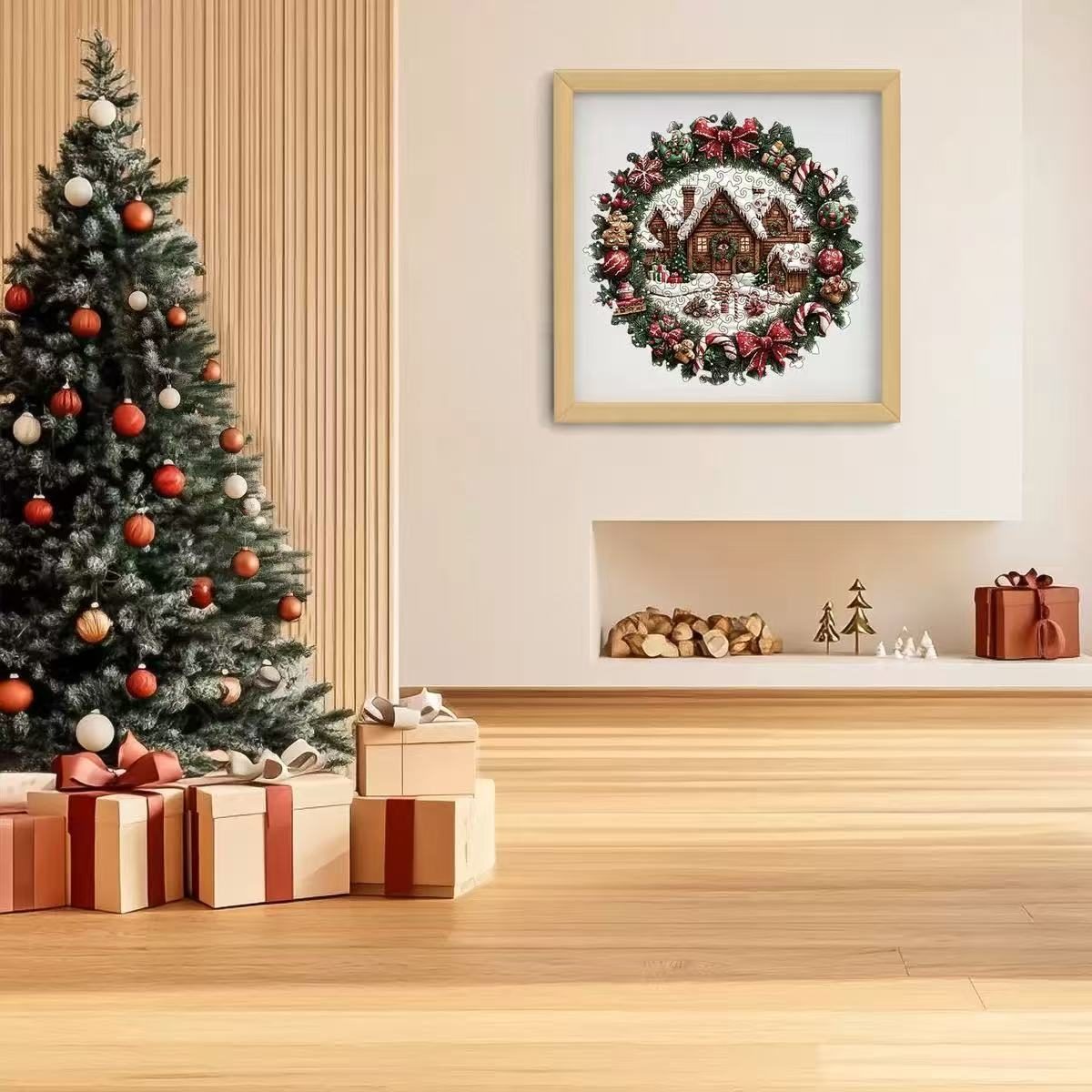 Christmas Cabin Wreath Wooden Jigsaw Puzzle