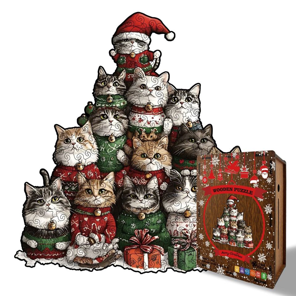 Christmas Cat Tree Wooden Puzzle - Cats in Sweaters Holiday Jigsaw