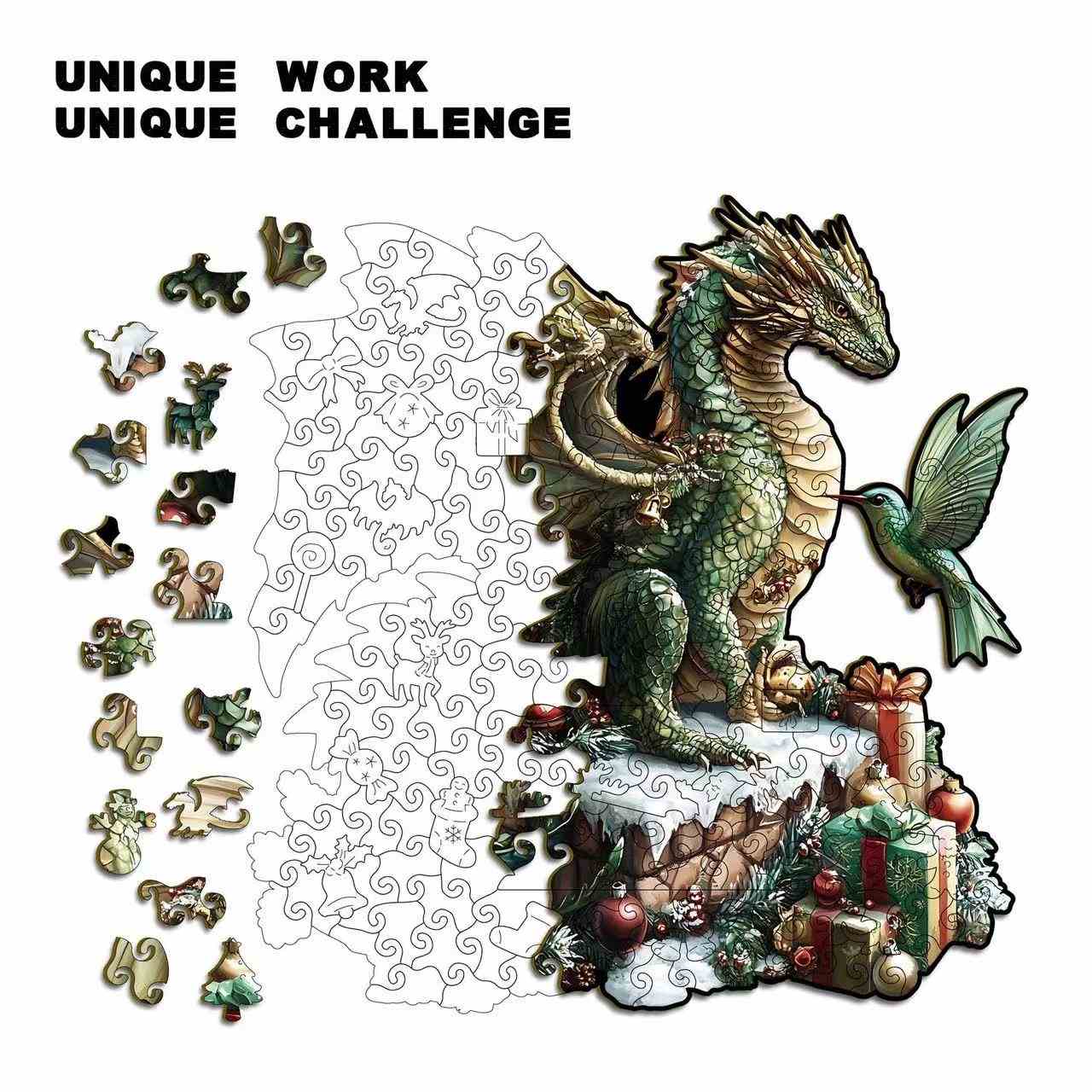 Christmas Dragon & Hummingbird Shaped Wooden Puzzle