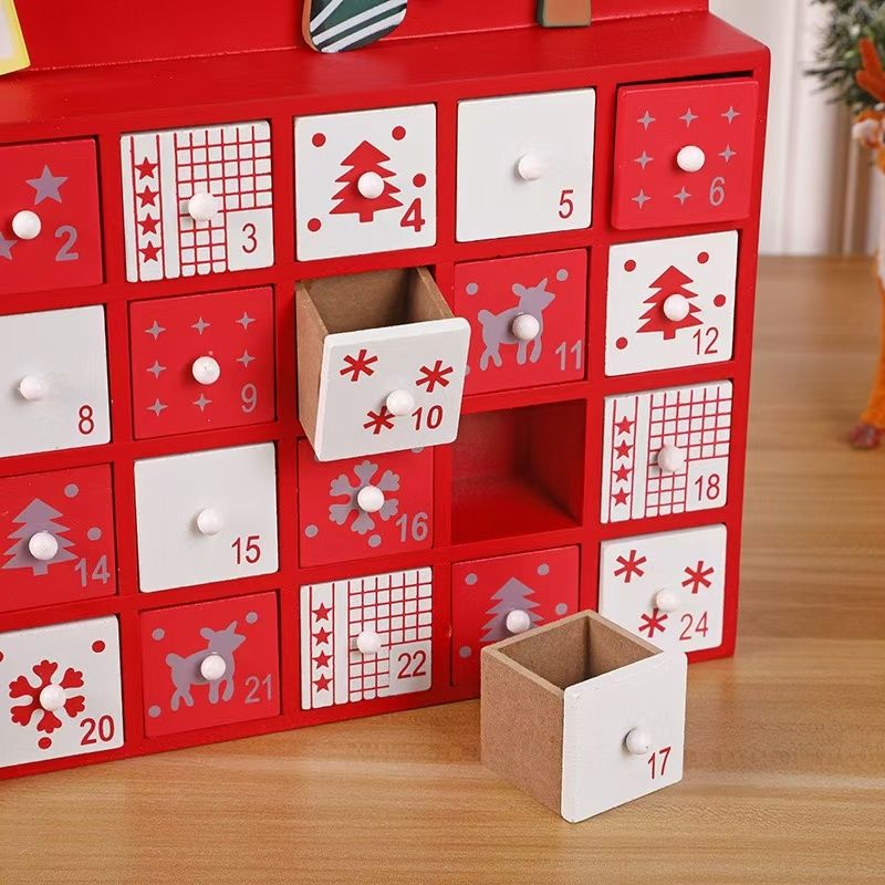 close up Christmas Elk Wooden Advent Calendar Countdown with 24 drawers