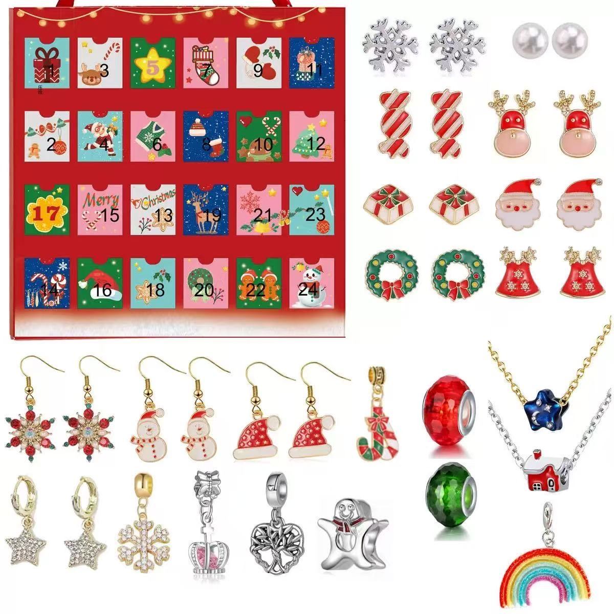 Red advent calendar with Christmas-themed charms and jewelry on a white background