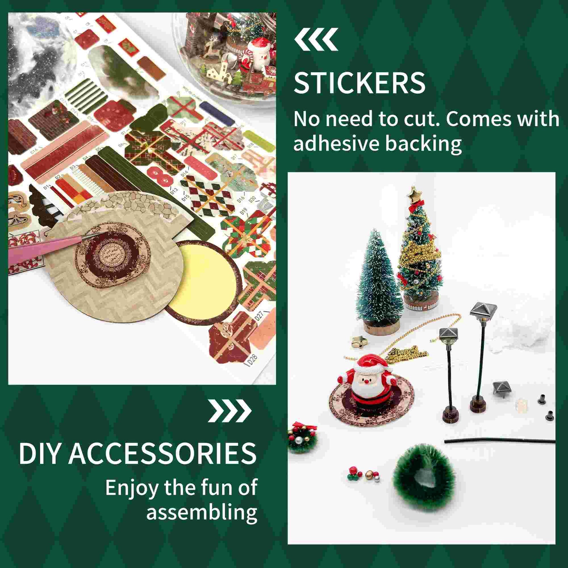 image displaying the pre-cut paper stickers and miniature accessories of Christmas Prologue DIY Miniature Dollhouse Kit, to showcase its feature of fun DIY project