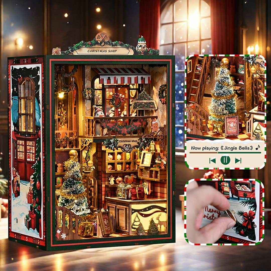 Christmas-themed book nook with interior lights and a music player interface.