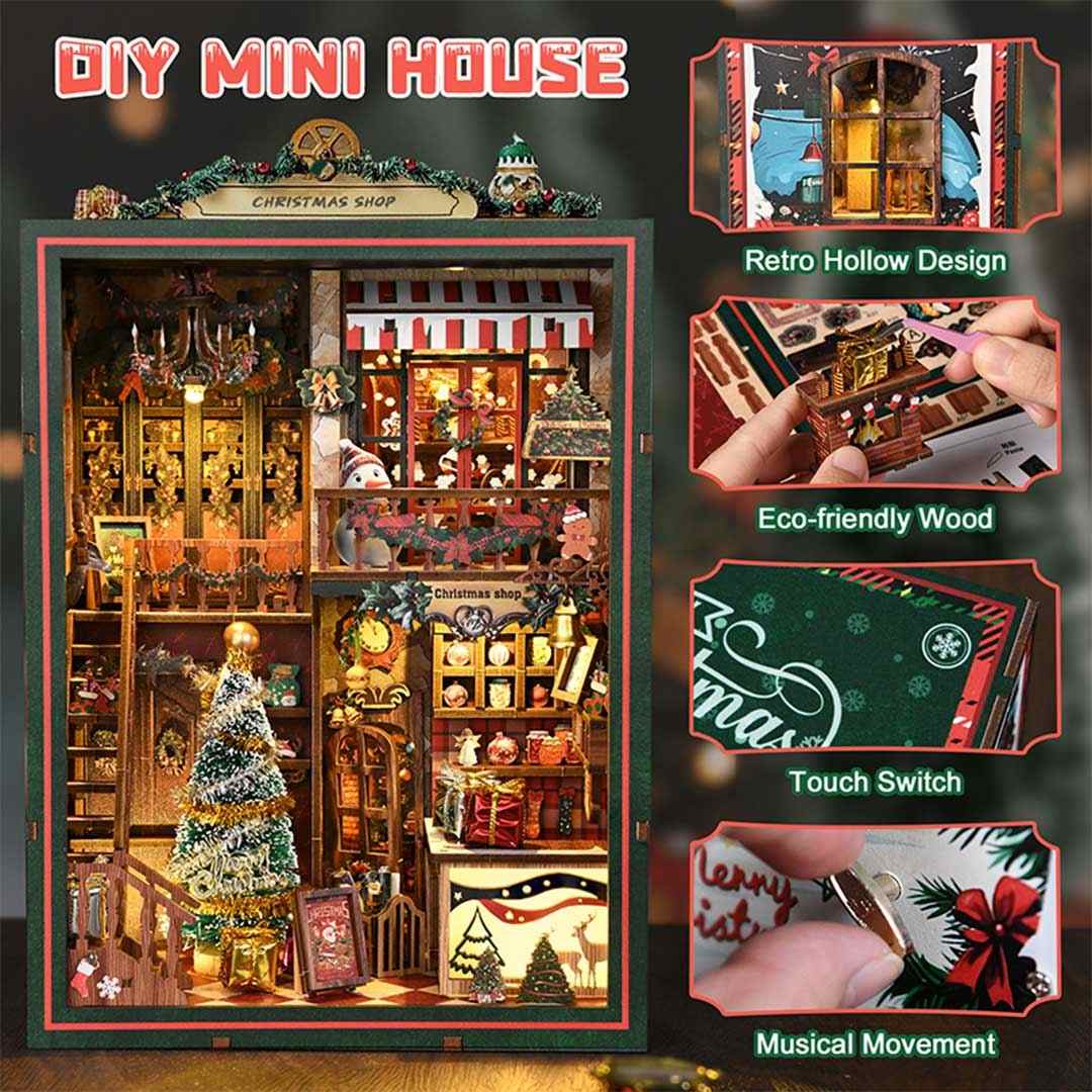 DIY mini house kit with Christmas shop theme, featuring retro design, eco-friendly wood, touch switch, and musical movement.