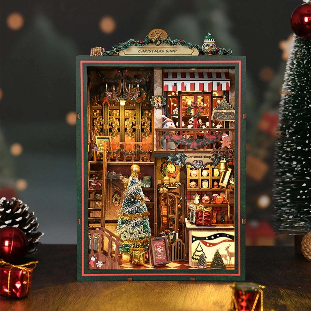 Decorative Christmas shop book nook with lights and details, surrounded by festive decorations.