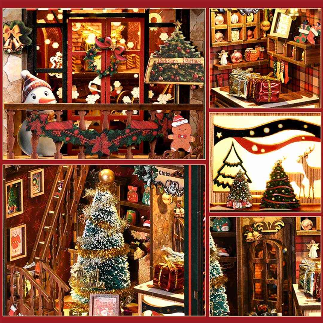 Collage of Christmas-themed dollhouse scenes with trees, presents, and decorations.