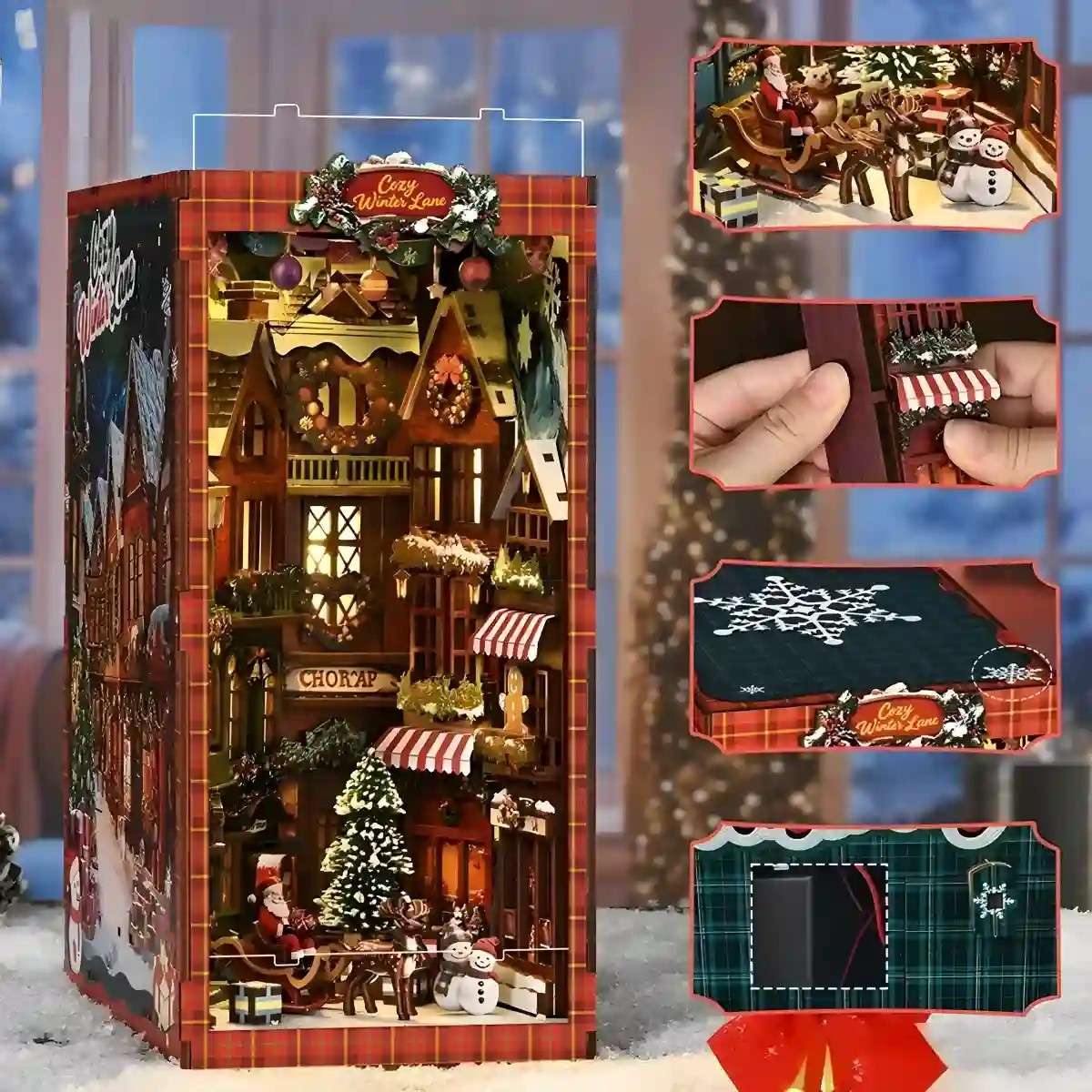 Christmas-themed book nook with detailed scenes and Santa Claus figures.