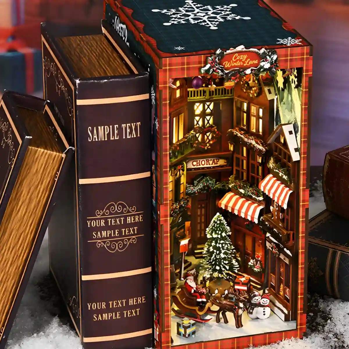 Decorative book nook with a festive village scene