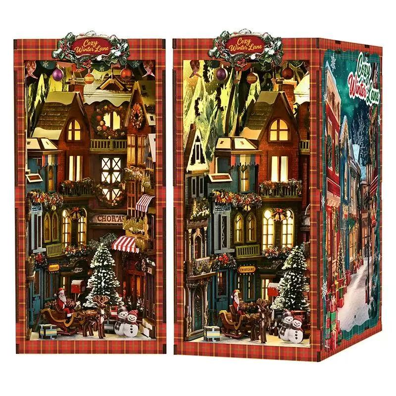 Christmas street scene in a wooden book nook