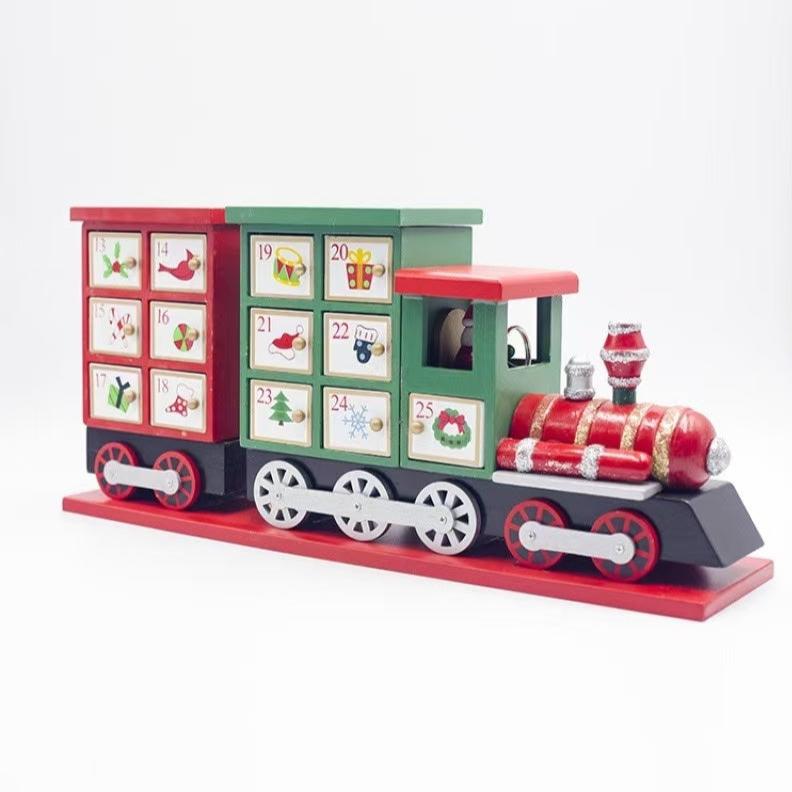 classic red and green wooden Christmas Train Advent Calendar Countdown with 24 drawers
