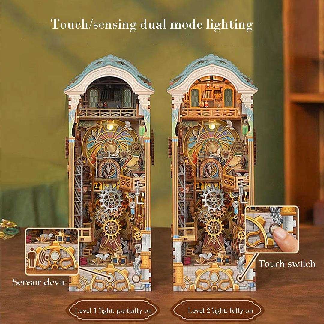 Touch and sensor-activated LED lights in clock tower book nook