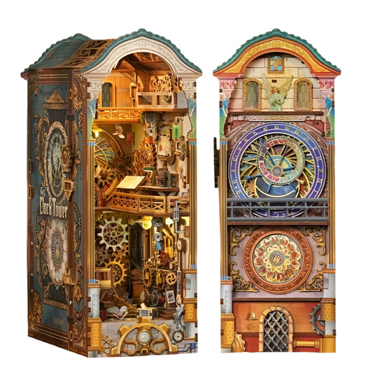 Clock Tower DIY Book Nook Kit, featuring Gothic architecture, gear-driven mechanics, sensor-activated lights, and interactive astronomical clock