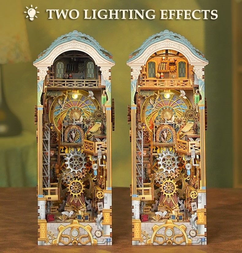 Touch and sensor-activated LED lights in clock tower book nook