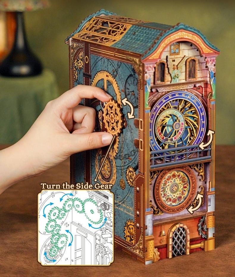 Close-up of miniature astronomical clock with mechanical gear linkage