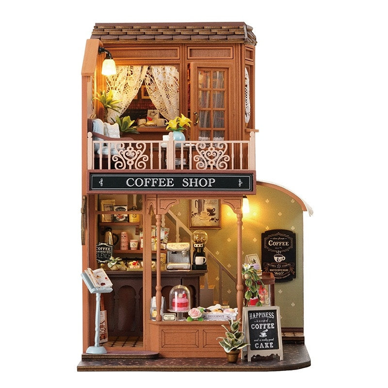 Miniature House of a coffee shop with wooden architecture and interior details.