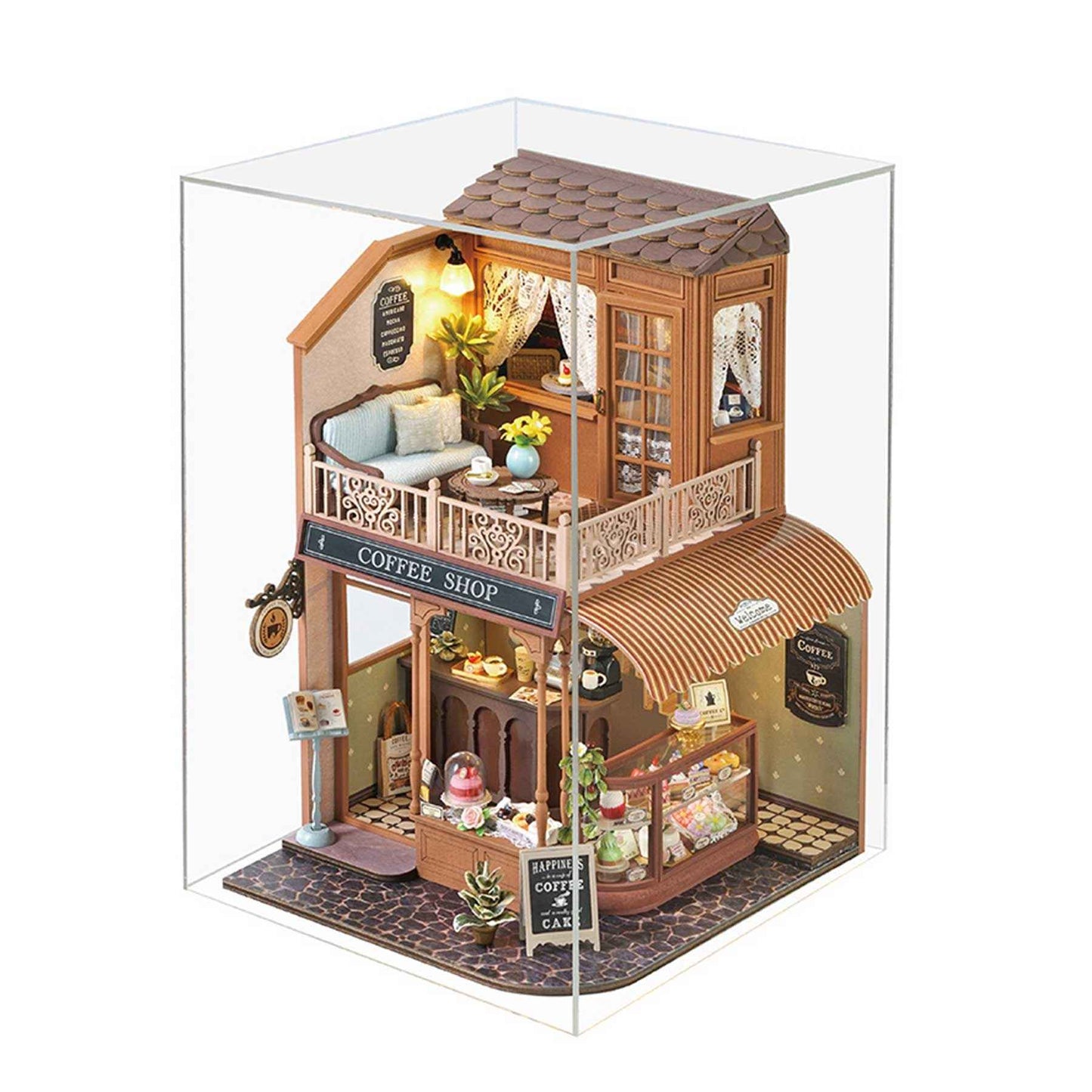 miniature house of a coffee shop with detailed interior in a clear display dust cover case