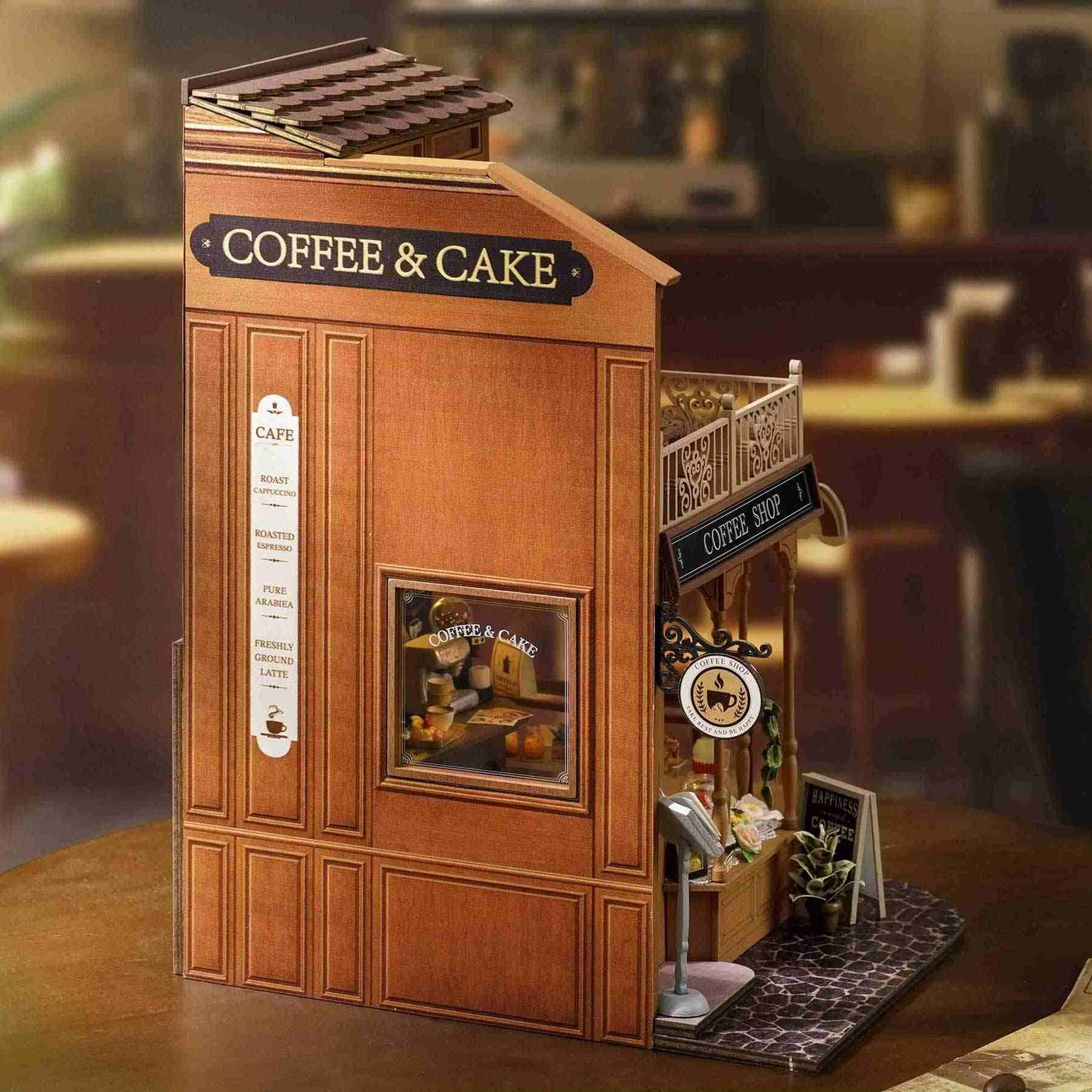 exterior wall of a dollhouse coffee and cake shop with wooden texture and decorative elements.