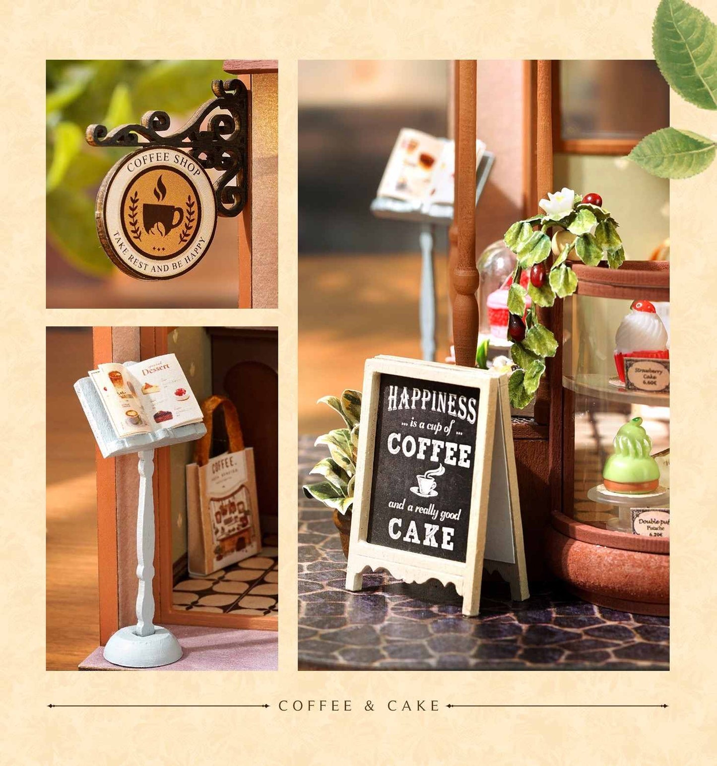 Miniature coffee shop setup with signs and decor elements.