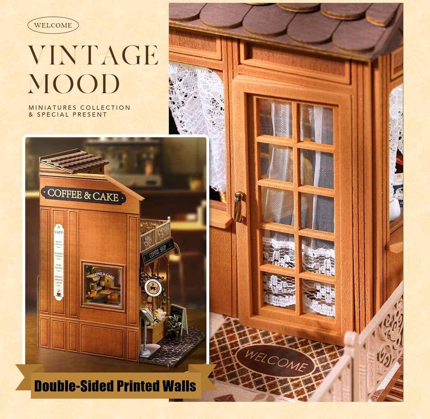 Vintage-themed miniature building with wooden facade and glass door, featuring 'Coffee & Cake' sign.