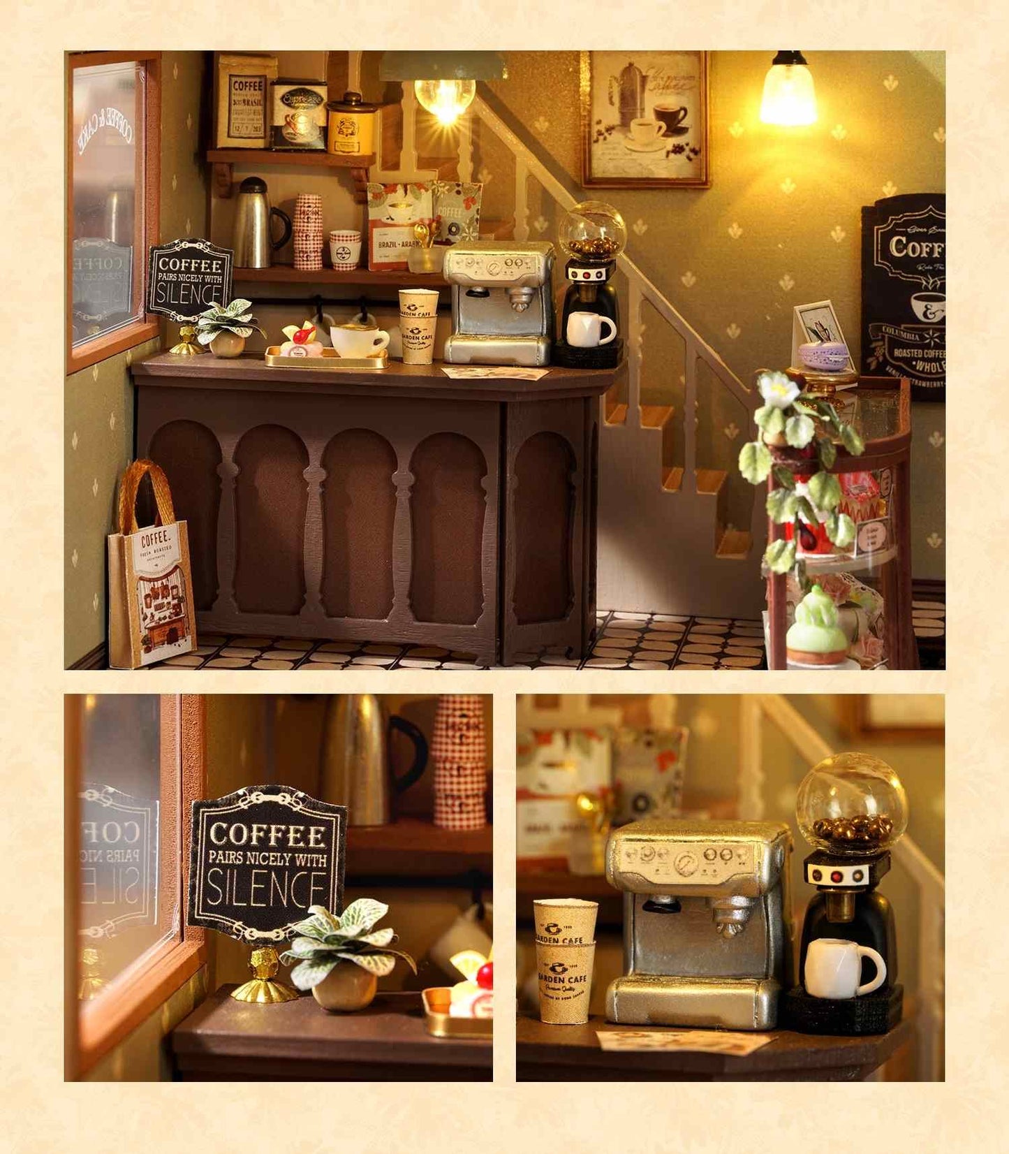 Collage of a miniature coffee bar setup with various coffee-themed items.