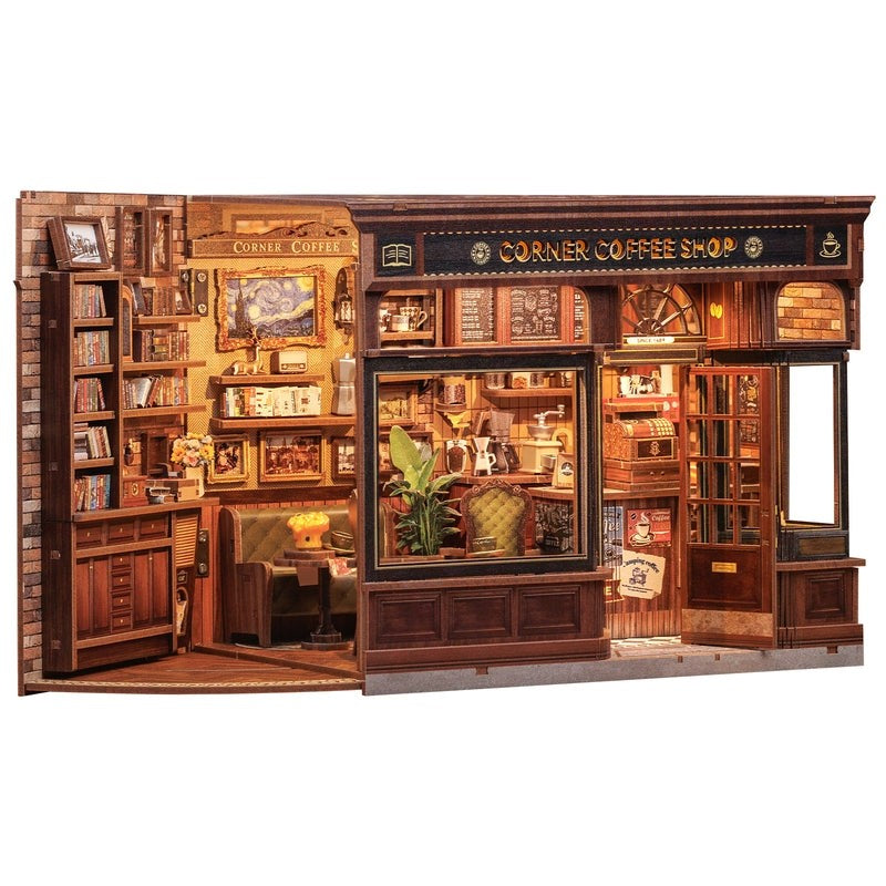 image displaying the door opened of Corner Coffee Shop DIY Miniature House Kit
