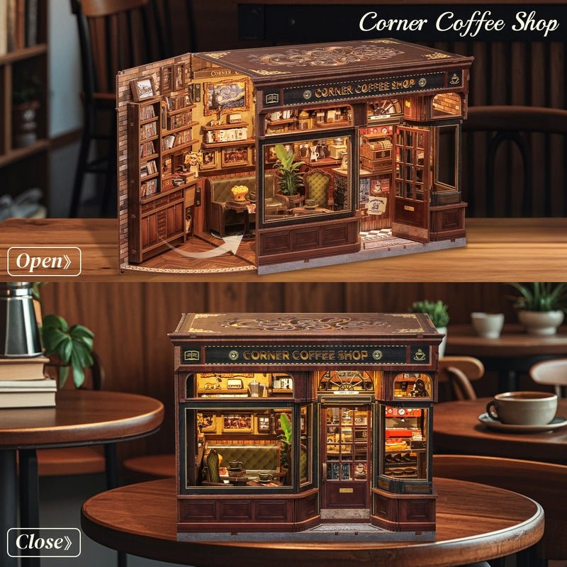 image displaying two different states of Coffee Shop DIY Miniature House Kit: door open and door closed.