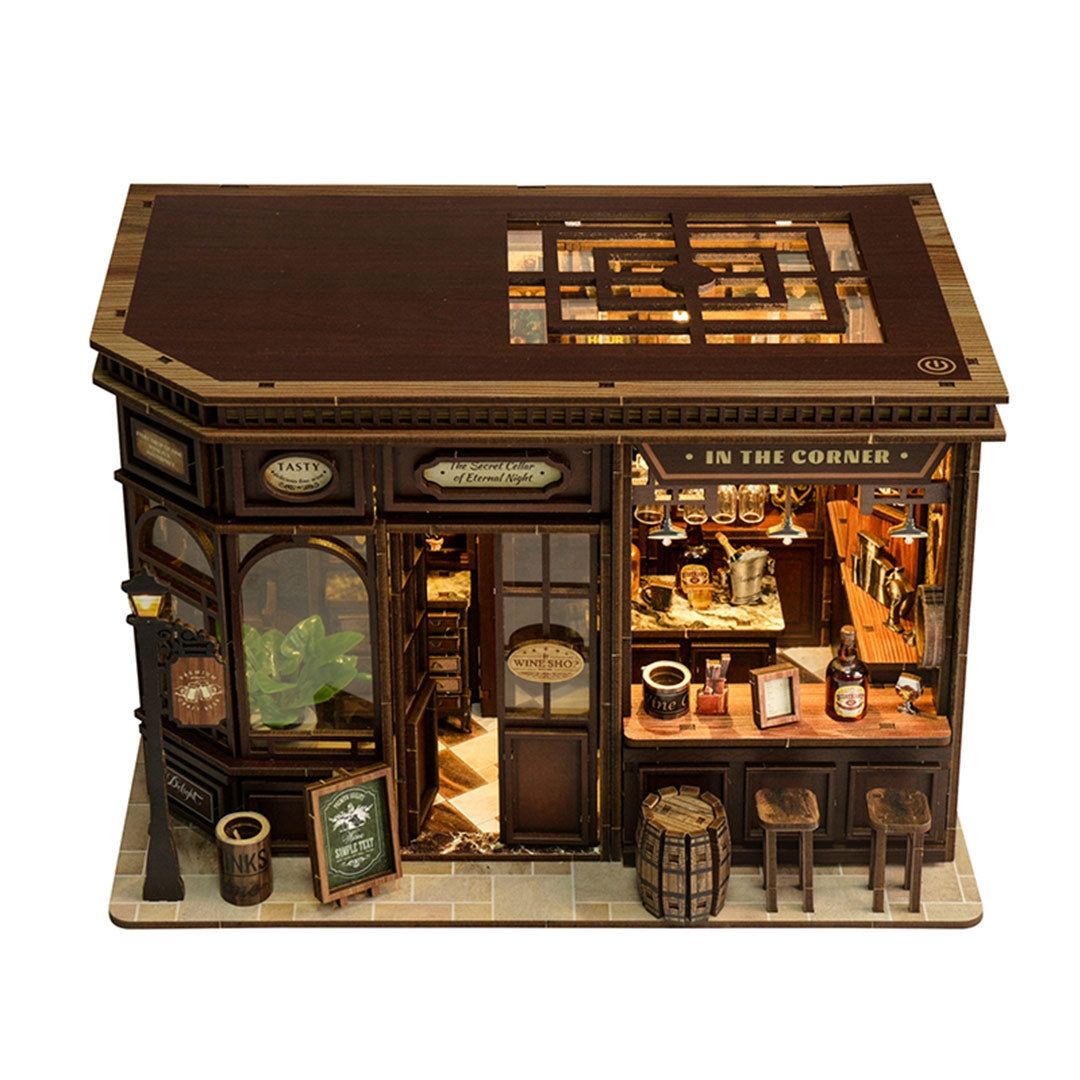bird's-eye view of the assembled Corner Tavern Dollhouse
